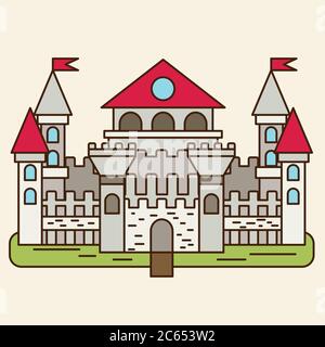 Magico favoloso castello di cartoni animati. Illustrazioni piatte vettoriali Illustrazione Vettoriale