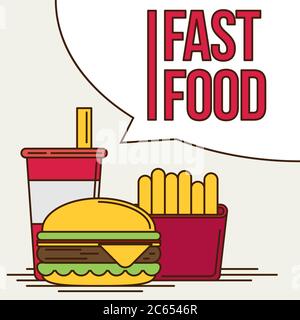 Patatine fritte, humburger e soda takeaway vettore di fondo. Design piatto per fast food Illustrazione Vettoriale