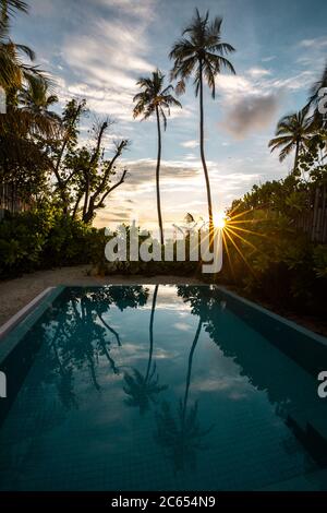 Ammirate un tramonto oltre a una piscina infinity di resort isolani nelle Maldive guardando le palme nell'orizzonte dell'oceano Foto Stock
