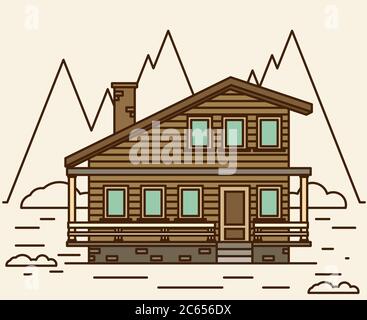 Chalet, casa in legno, casa ecologica, casa sulla natura - vettore appartamento illustrazione. Illustrazione Vettoriale