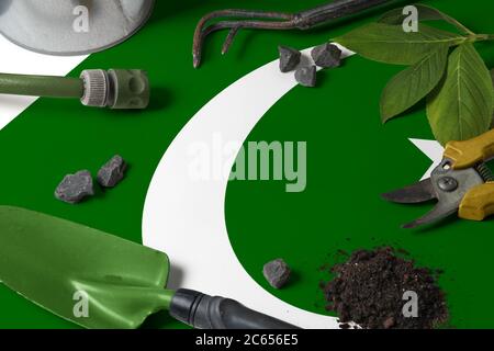 Bandiera del Pakistan con gli attrezzi di giardinaggio di sfondo sul tavolo. Primavera nel giardino con spazio libero per la copia. Foto Stock