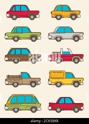 set di auto d'epoca, stile piatto vettoriale Illustrazione Vettoriale