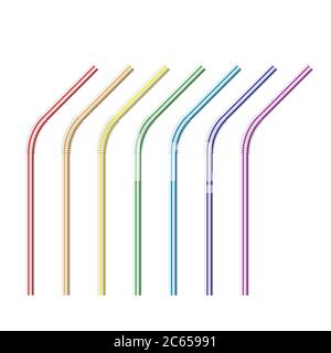 Cannucce da bere realistiche vettoriali a strisce per bevande al latte, cocktail o alcolici. Set di cannucce colorate isolate con curve. Modello per Desi Illustrazione Vettoriale