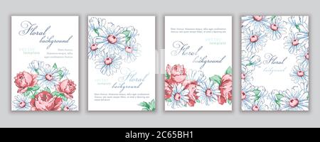 Set di modelli banner, copertine creative, poster, biglietti d'auguri, inviti, volantino con colorato disegno floreale astratto con fiori di rose e. Illustrazione Vettoriale