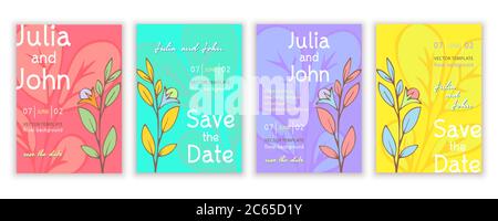 Set di modelli inviti, banner, copertine creative, poster, biglietti d'auguri, anniversario, volantino con colorato brillante disegno floreale astratto, vinta Illustrazione Vettoriale