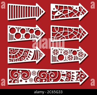 Frecce per il taglio laser. Carta di Natale, Capodanno. Semplice abstact con linee, arricciature e altre forme semplici. Set di icone. Illustrazione Vettoriale