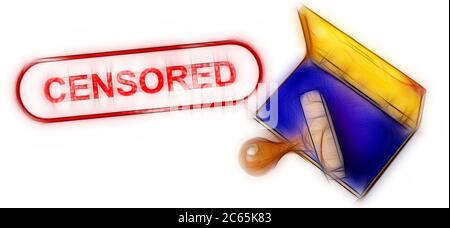 Vista dall'alto di un francobollo in gomma con una parola gigante 'CENSURATA' stampata, isolata su sfondo bianco. Foto Stock