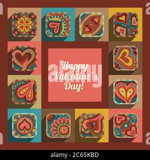 Moderno piatto cuore valentino decorativo mano disegnate icone vettore biglietto di auguri Illustrazione Vettoriale