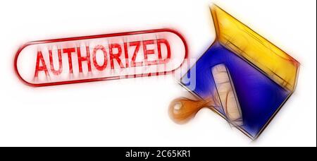 Vista dall'alto di un francobollo in gomma con la scritta gigante "autorizzato" stampata, isolato su sfondo bianco. Foto Stock