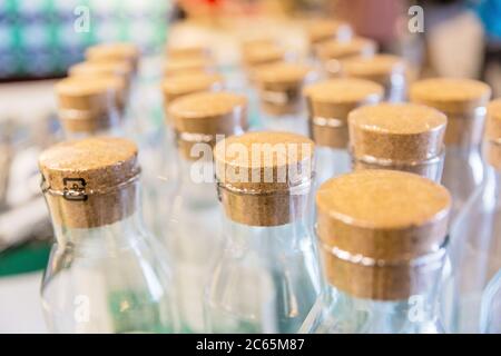 Vasi di vetro ben disposti chiusi con tappi di quercia Foto Stock