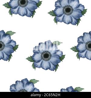 fiori blu blu blu scuro motivo senza cuciture, retro floreale design per sfondi, avvolgimento o tessuto, brillante e bello acquerello floreale Foto Stock