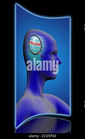 profilo di un uomo con primo piano di lente di ingrandimento su trojan realizzato in software 2d Foto Stock