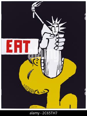 "EAT" 1967 manifesto politico che mostra un vietnamita che è la forza alimentato la Statua della libertà dagli Stati Uniti d'America. Iconico poster di protesta contro la guerra del Vietnam di Tomi Ungerer. Foto Stock