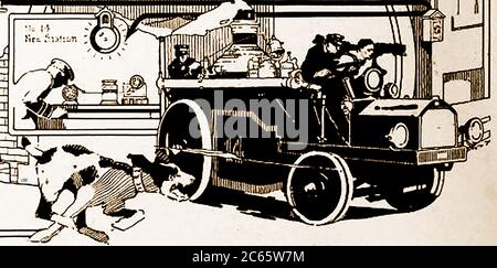 Un'illustrazione canadese del 1920 di un motore a vapore del fuoco del tempo che è inseguito da un cane. All'interno della stazione dei vigili del fuoco, un uomo risponde a un allarme elettrico. Il veicolo può essere un motore ibrido a benzina che utilizza un motore a vapore per pompare l'acqua Foto Stock