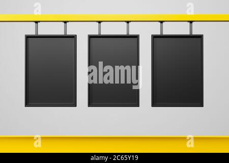 Rendering 3D di tre informazioni nere o visualizzazione in sospeso isolate su sfondo bianco. Illustrazione 3d di alta qualità Foto Stock