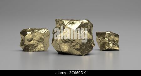 Podio vincitore del Gold Rock. Pappagagli d'oro di lusso su sfondo grigio. Target è la migliore posizione di successo e ricchezza. Banner, vista ravvicinata. illustrazione 3d Foto Stock