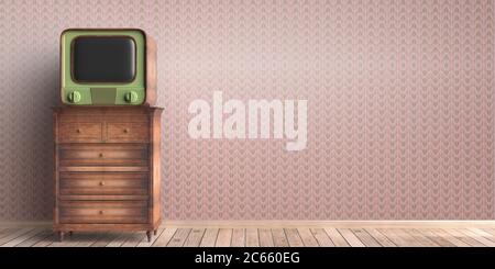 Interno soggiorno casa, TV vintage su un cassettiera in legno. Carta da parati in stile art deco e sfondo in legno, spazio copia, modello. illus 3d Foto Stock