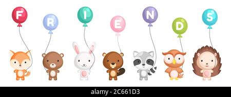 Gruppo di animali carini. Gli animali dei cartoni animati si levano in piedi e tengono i palloncini nelle loro mani. Giornata mondiale degli animali. Buon giorno di amicizia. Set di caratteri Illustrazione Vettoriale