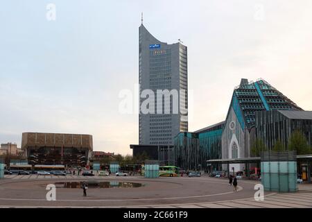 Germania, Sassonia, Lipsia, Torre Panorama, MDR, Università, Augustus Place, Sala dei tessuti, Chiesa di Pauliner Foto Stock