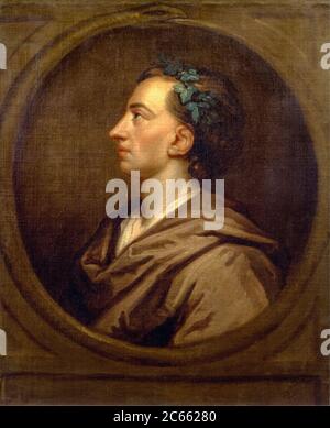 Alexander Pope (1688-1744), poeta inglese, Profilo del ritratto, incoronato con Ivy, dipinto da Studio di Sir Godfrey Kneller, circa 1721 Foto Stock