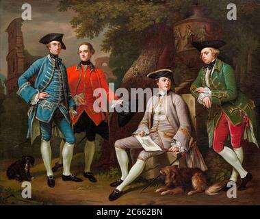 Ritratto di gruppo del Grand Tour del XVIII secolo di signori britannici, James Grant di Grant, John Mytton, The Hon Thomas Robinson e Thomas Wynne, ritratto di Nathaniel Dance, circa 1760 Foto Stock