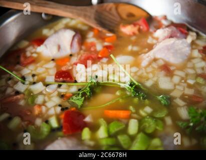 Zuppa preparata con pollo e verdure Foto Stock