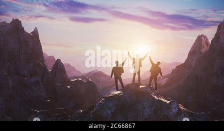 Gruppo di popoli che si ergono sulla cima della montagna sullo sfondo dell'alba al crepuscolo. Concetto di successo e leadership. rendering 3d Foto Stock