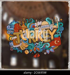 Tacchino mano caratteri e doodles elementi sfondo Illustrazione Vettoriale