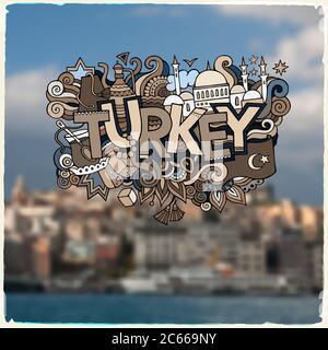 Tacchino mano caratteri e doodles elementi sfondo. Illustrazione vettoriale sfocata Illustrazione Vettoriale