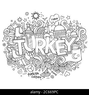 Tacchino mano caratteri e doodles elementi sfondo Illustrazione Vettoriale