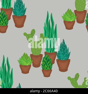 succulenti e cactus in pentole disegno senza cuciture a mano Foto Stock