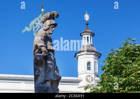 Floriansbrunnen di fronte al municipio, sulla piazza di Tittmoning, Rupertikel, alta Baviera, Baviera, Germania meridionale, Germania, Europa Foto Stock