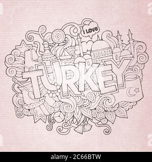 Tacchino mano caratteri e doodles elementi sfondo Illustrazione Vettoriale