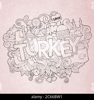 Tacchino mano caratteri e doodles elementi sfondo Illustrazione Vettoriale