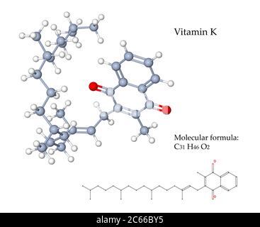 La vitamina K è importante per la coagulazione del sangue e per il controllo del legame del calcio nelle ossa e in altri tessuti. illustrazione 3d della struttura molecolare Foto Stock