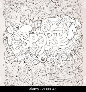 Caratteri a mano e doodles sport sfondo. Illustrazione Vettoriale