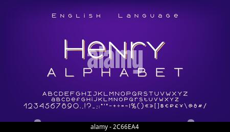 Elegante alfabeto bianco dorato, tipografia geometrica dei caratteri a linee sottili. Lettere maiuscole e minuscole, numeri, simboli e segni. Illustrazione vettoriale. Illustrazione Vettoriale