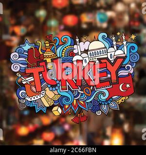 Tacchino mano caratteri e doodles elementi sfondo. Illustrazione vettoriale sfocata Illustrazione Vettoriale