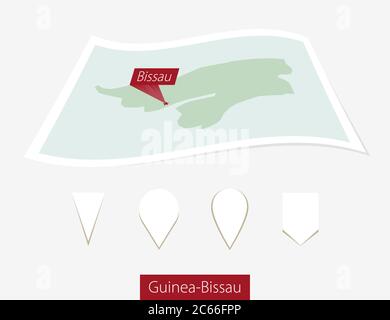 Carta curva della Guinea-Bissau con capitale Bissau su sfondo grigio. Quattro diversi set di pin della mappa. Illustrazione vettoriale. Illustrazione Vettoriale