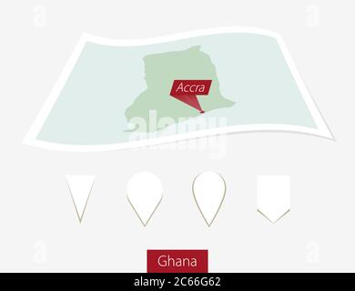 Mappa su carta curva del Ghana con la capitale Accra su sfondo grigio. Quattro diversi set di pin della mappa. Illustrazione vettoriale. Illustrazione Vettoriale