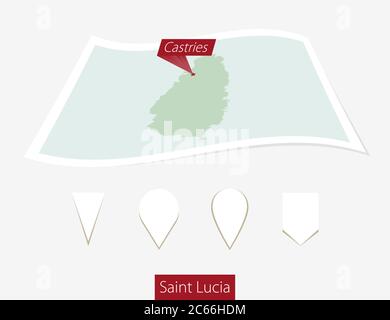 Carta curva di Santa Lucia con i Castries capitale su sfondo grigio. Quattro diversi set di pin della mappa. Illustrazione vettoriale. Illustrazione Vettoriale