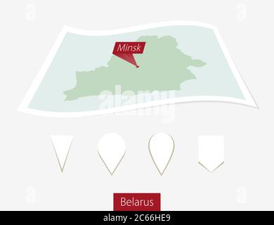 Mappa su carta curva della Bielorussia con la capitale Minsk su sfondo grigio. Quattro diversi set di pin della mappa. Illustrazione vettoriale. Illustrazione Vettoriale