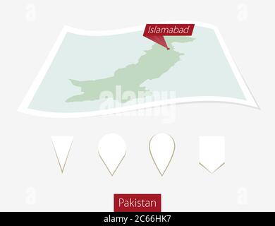 Mappa cartacea curva del Pakistan con la capitale Islamabad su sfondo grigio. Quattro diversi set di pin della mappa. Illustrazione vettoriale. Illustrazione Vettoriale