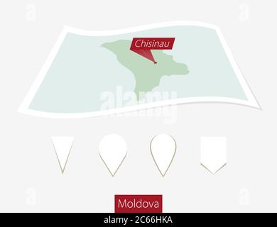 Mappa curva della Moldavia con la capitale Chisinau su sfondo grigio. Quattro diversi set di pin della mappa. Illustrazione vettoriale. Illustrazione Vettoriale