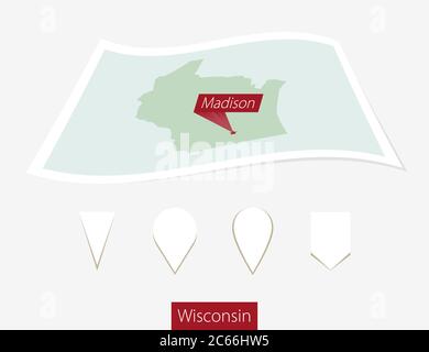 Mappa su carta curva dello stato del Wisconsin con Madison capitale su sfondo grigio. Quattro diversi set di pin della mappa. Illustrazione vettoriale. Illustrazione Vettoriale