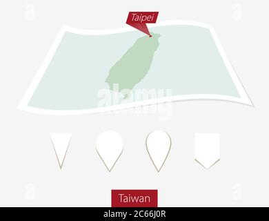 Mappa su carta curva di Taiwan con la capitale Taipei su sfondo grigio. Quattro diversi set di pin della mappa. Illustrazione vettoriale. Illustrazione Vettoriale