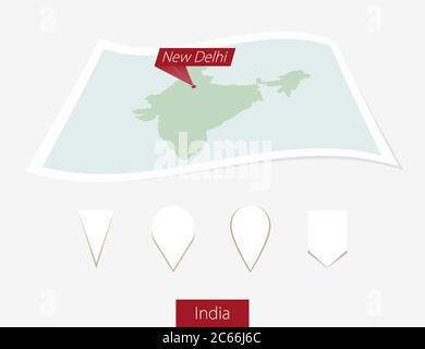 Mappa su carta curva dell'India con la capitale Nuova Delhi su sfondo grigio. Quattro diversi set di pin della mappa. Illustrazione vettoriale. Illustrazione Vettoriale
