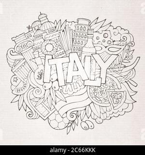 Italia paese caratteri a mano e elementi doodles Illustrazione Vettoriale