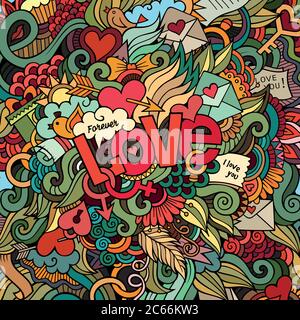 Amore caratteri mano e doodles elementi sfondo. Illustrazione Vettoriale