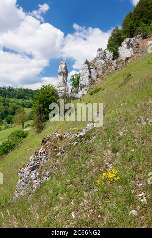Monumento naturale Spitzer Stein, Bichishausen, quartiere di Münsingen, Lautertal, Giura svevo, Baden-Württemberg, Germania Foto Stock